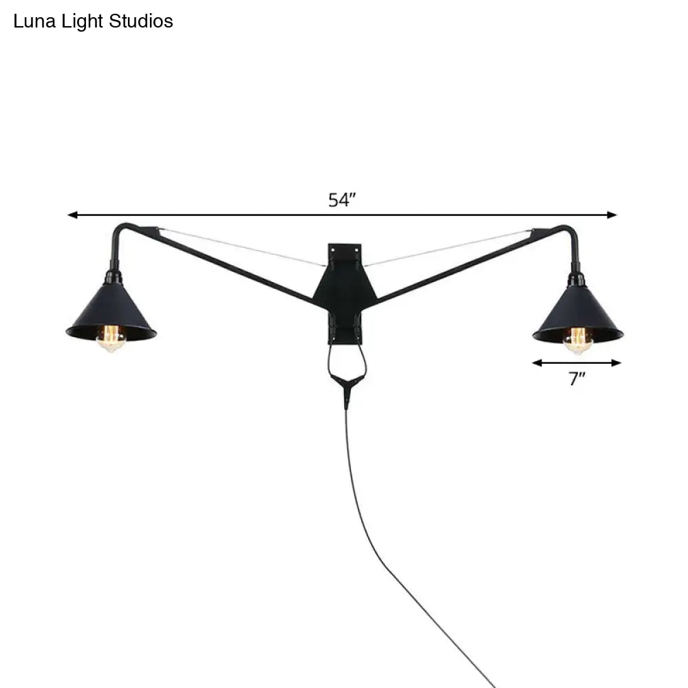 Scalloped/Exposed Industrial Wall Lamp - 1/2-Light Iron Swing Arm Lighting Black Plug-In Mount