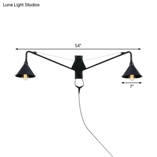 Scalloped/Exposed Industrial Wall Lamp - 1/2-Light Iron Swing Arm Lighting Black Plug-In Mount