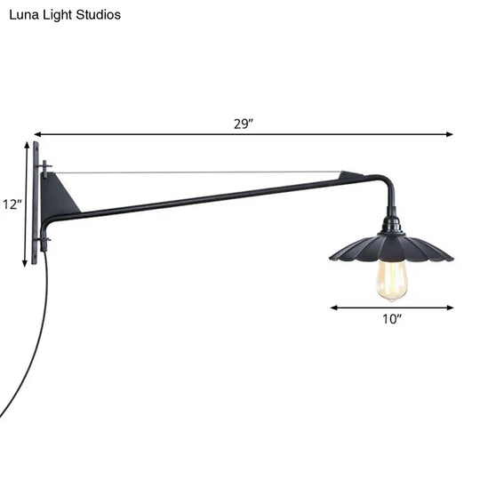 Scalloped/Exposed Industrial Wall Lamp - 1/2-Light Iron Swing Arm Lighting Black Plug-In Mount