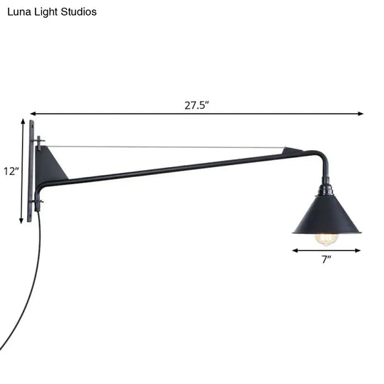 Scalloped/Exposed Industrial Wall Lamp - 1/2-Light Iron Swing Arm Lighting Black Plug-In Mount