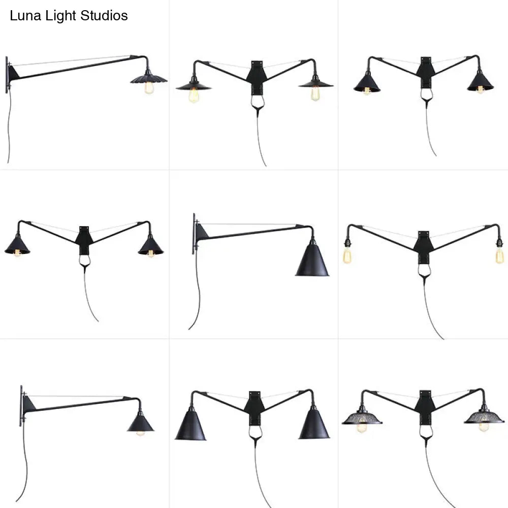 Scalloped/Exposed Industrial Wall Lamp - 1/2-Light Iron Swing Arm Lighting Black Plug-In Mount