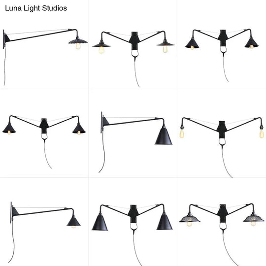 Scalloped/Exposed Industrial Wall Lamp - 1/2-Light Iron Swing Arm Lighting Black Plug-In Mount