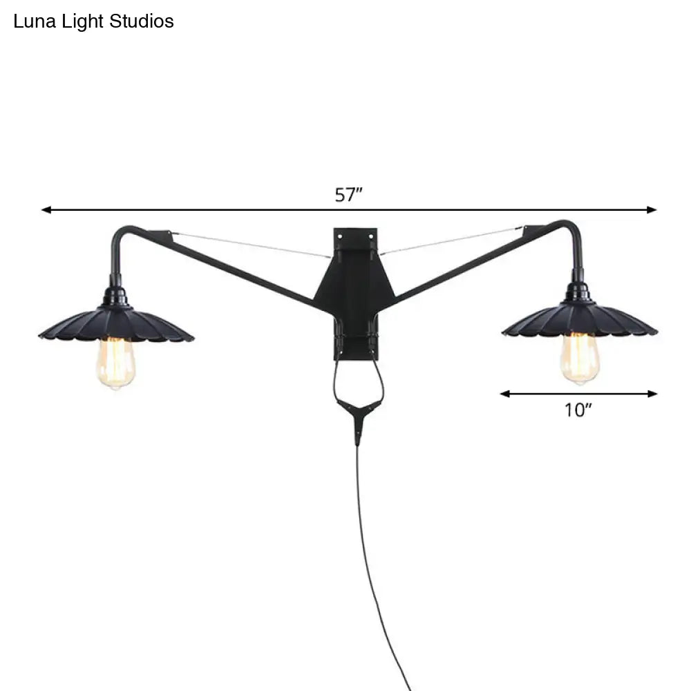 Scalloped/Exposed Industrial Wall Lamp - 1/2-Light Iron Swing Arm Lighting Black Plug-In Mount