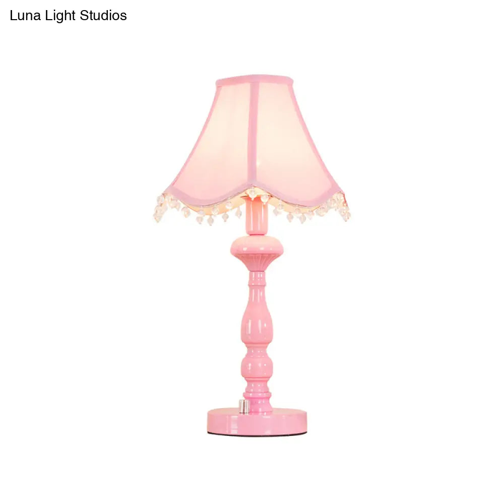 Scalloped Girls Bedroom Table Lamp: Pink Contemporary Night Light With Clear Bead