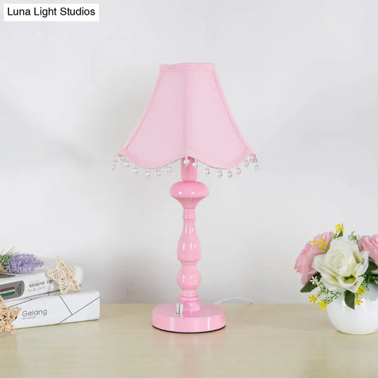 Scalloped Girls Bedroom Table Lamp: Pink Contemporary Night Light With Clear Bead