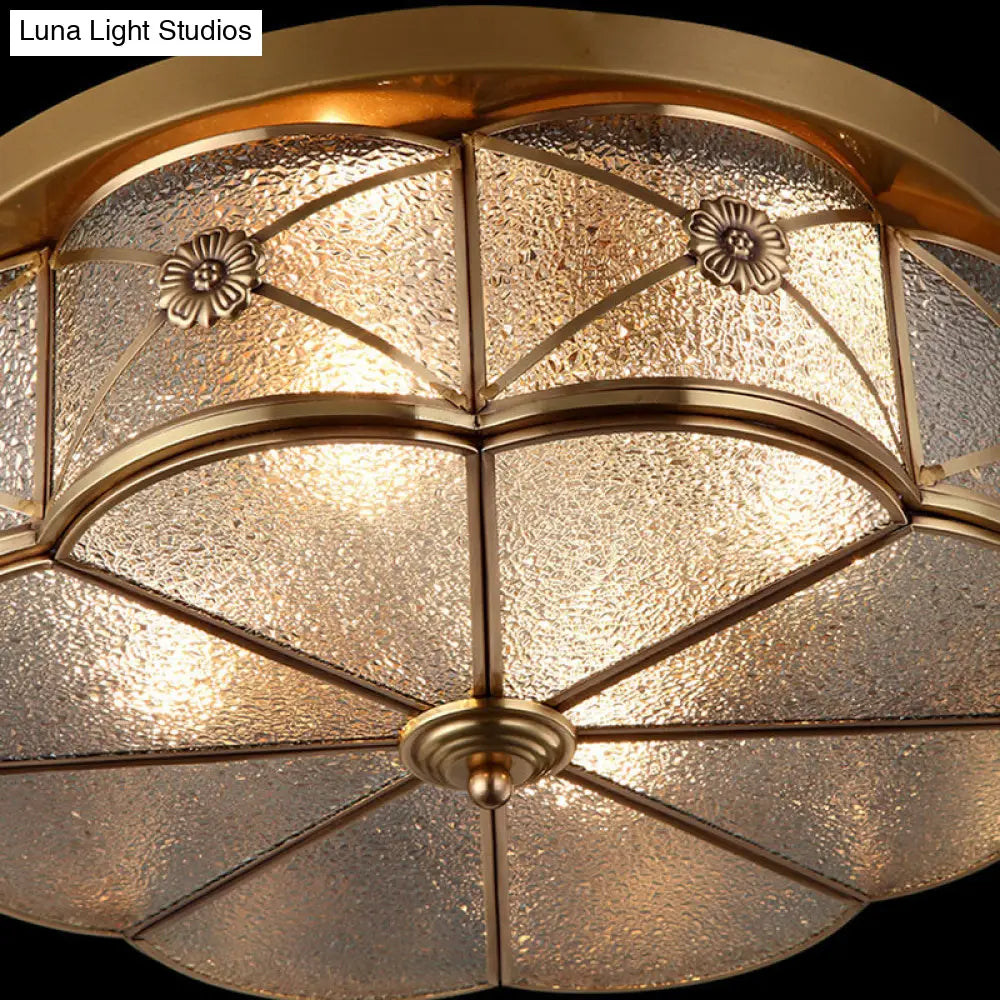 Scalloped Glass Bedroom Flush Mount Light - 14’/18’ W Colonial Brass Lamp With Seedy Shade