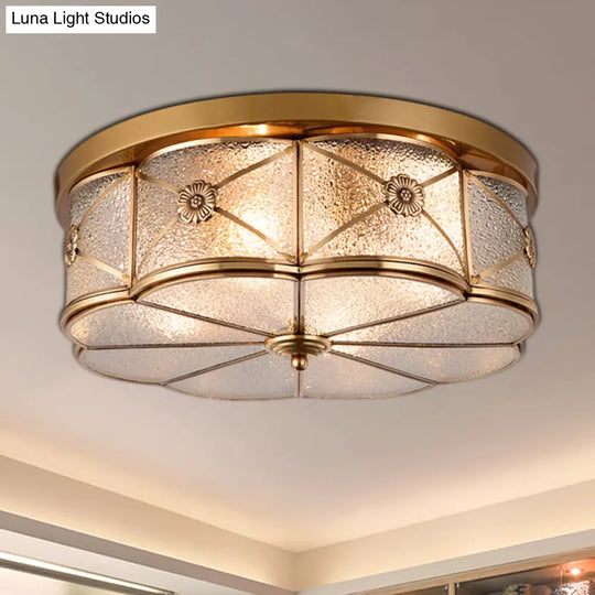 Scalloped Glass Bedroom Flush Mount Light - 14/18 W Colonial Brass Lamp With Seedy Shade Close To