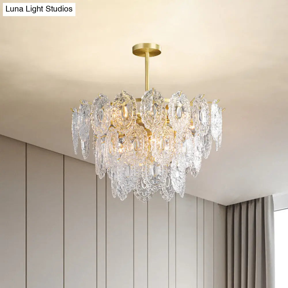 Scalloped Glass Chandelier - Modern Gold Pendant Light With 2/3/4 Tiers & 6/12/16 Bulbs For Dining