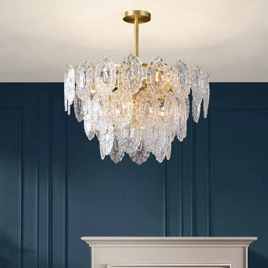 Scalloped Glass Chandelier - Modern Gold Pendant Light With 2/3/4 Tiers & 6/12/16 Bulbs For Dining