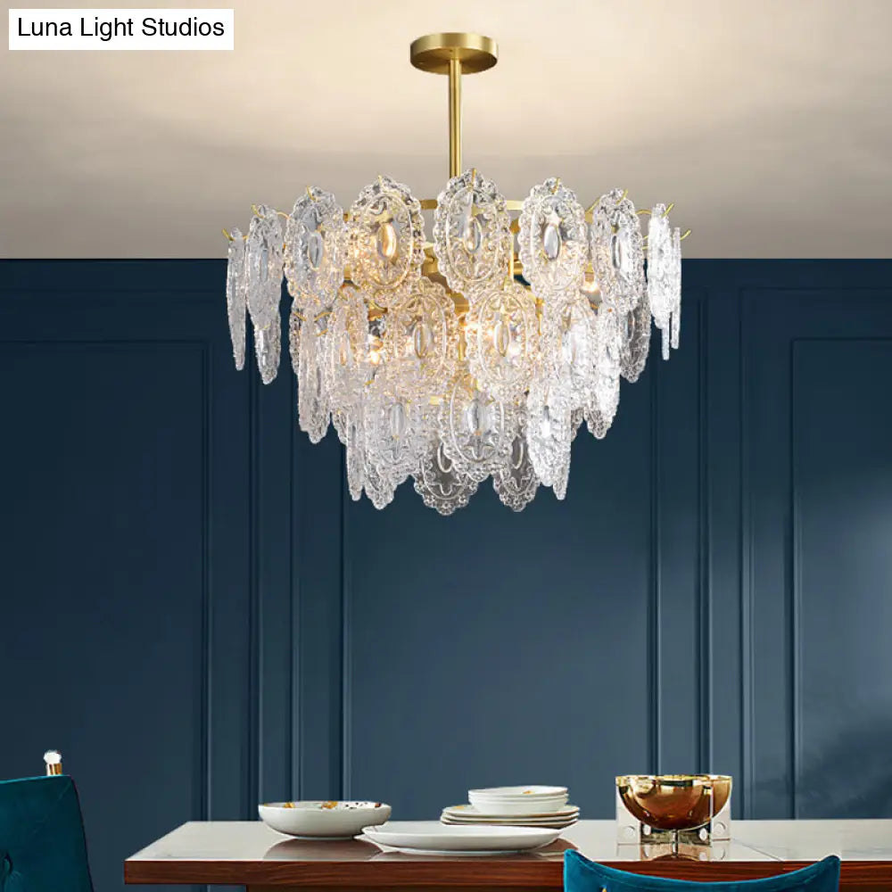 Scalloped Glass Chandelier - Modern Gold Pendant Light With 2/3/4 Tiers & 6/12/16 Bulbs For Dining