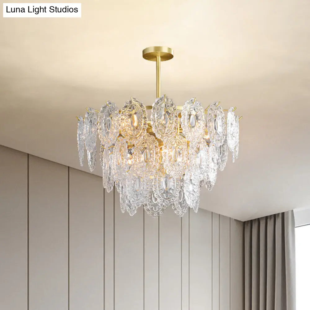 Scalloped Glass Chandelier With 2-4 Tiers And Modern Gold Suspension - Available In 6-16 Bulbs For