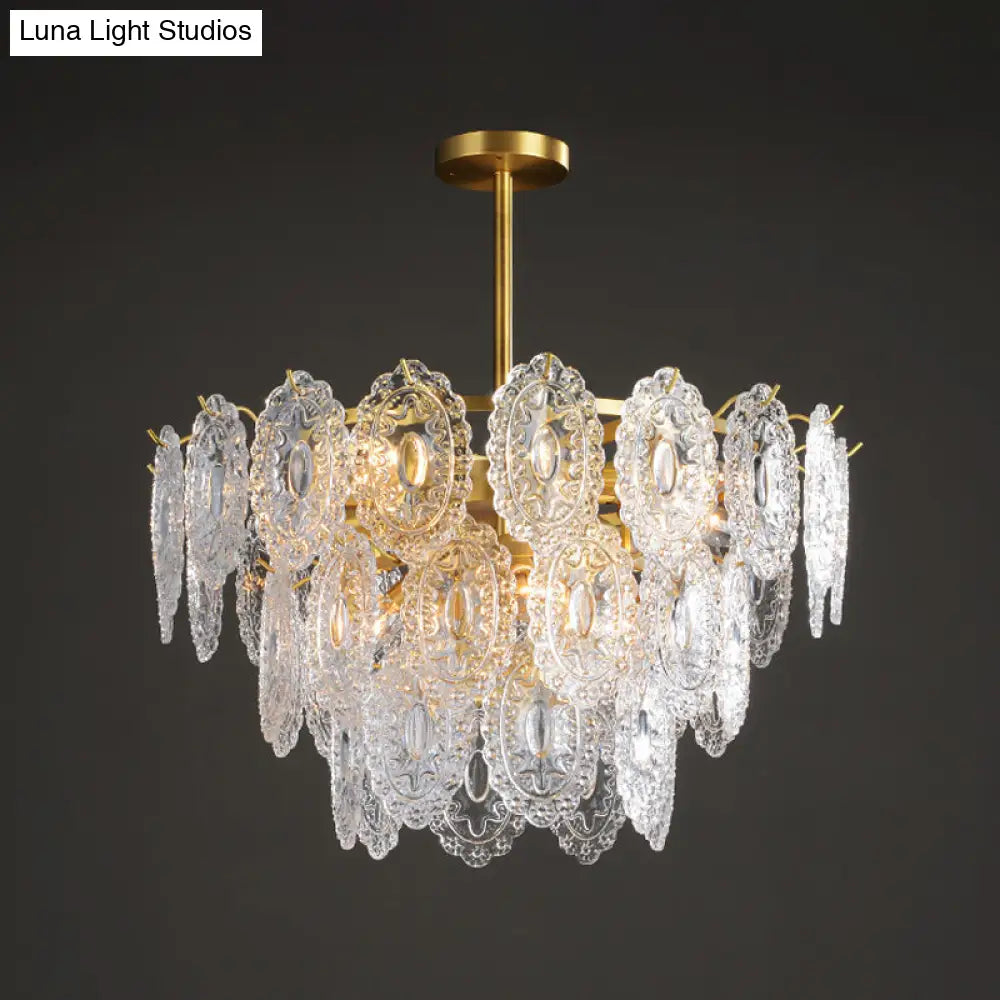 Scalloped Glass Chandelier - Modern Gold Pendant Light With 2/3/4 Tiers & 6/12/16 Bulbs For Dining