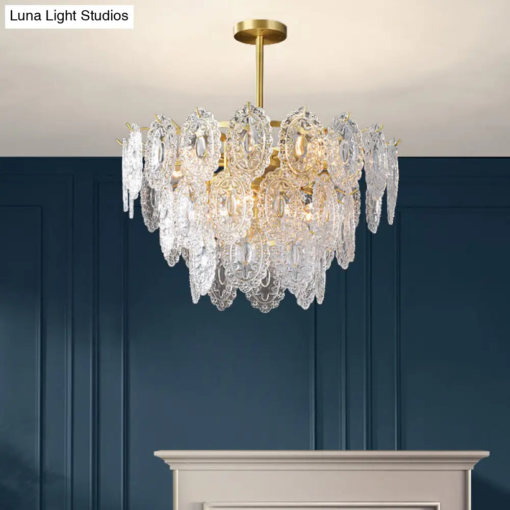 Scalloped Glass Chandelier With 2-4 Tiers And Modern Gold Suspension - Available In 6-16 Bulbs For