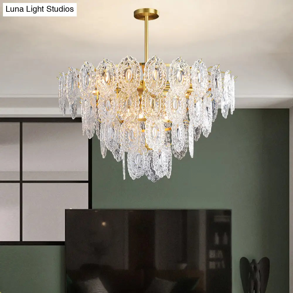 Scalloped Glass Chandelier - Modern Gold Pendant Light With 2/3/4 Tiers & 6/12/16 Bulbs For Dining