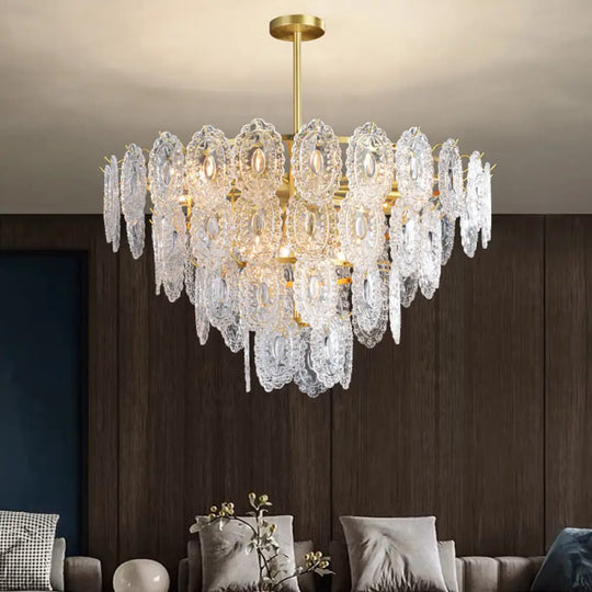 Scalloped Glass Chandelier - Modern Gold Pendant Light With 2/3/4 Tiers & 6/12/16 Bulbs For Dining