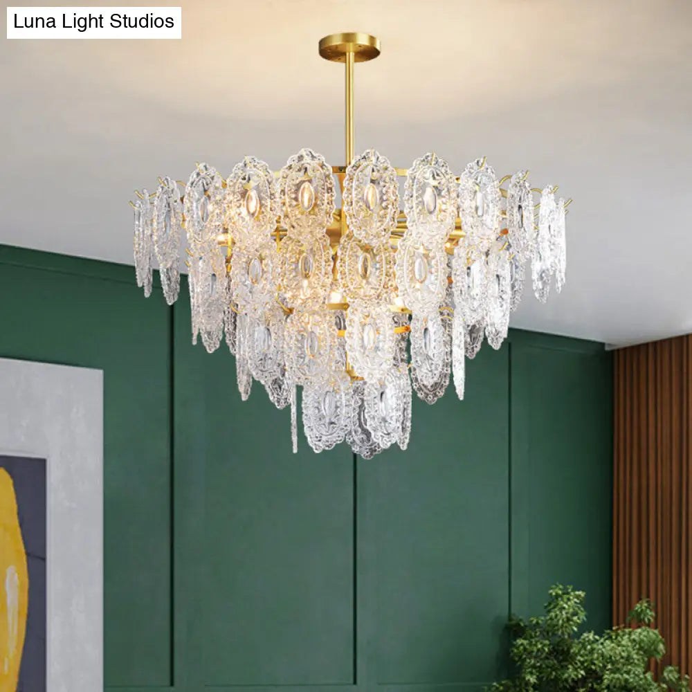 Scalloped Glass Chandelier With 2-4 Tiers And Modern Gold Suspension - Available In 6-16 Bulbs For