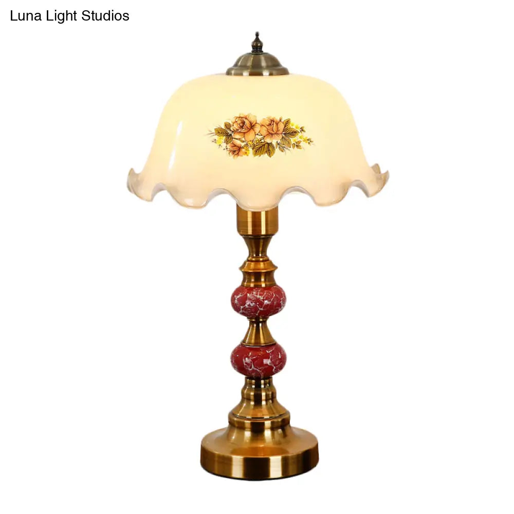 Scalloped Glass Countryside Table Lamp With White Printed Flower Design Brushed Brass Base