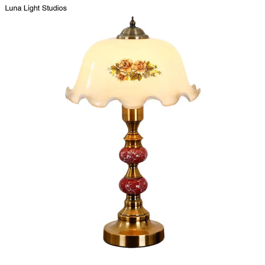 Scalloped Glass Countryside Table Lamp With White Printed Flower Design Brushed Brass Base