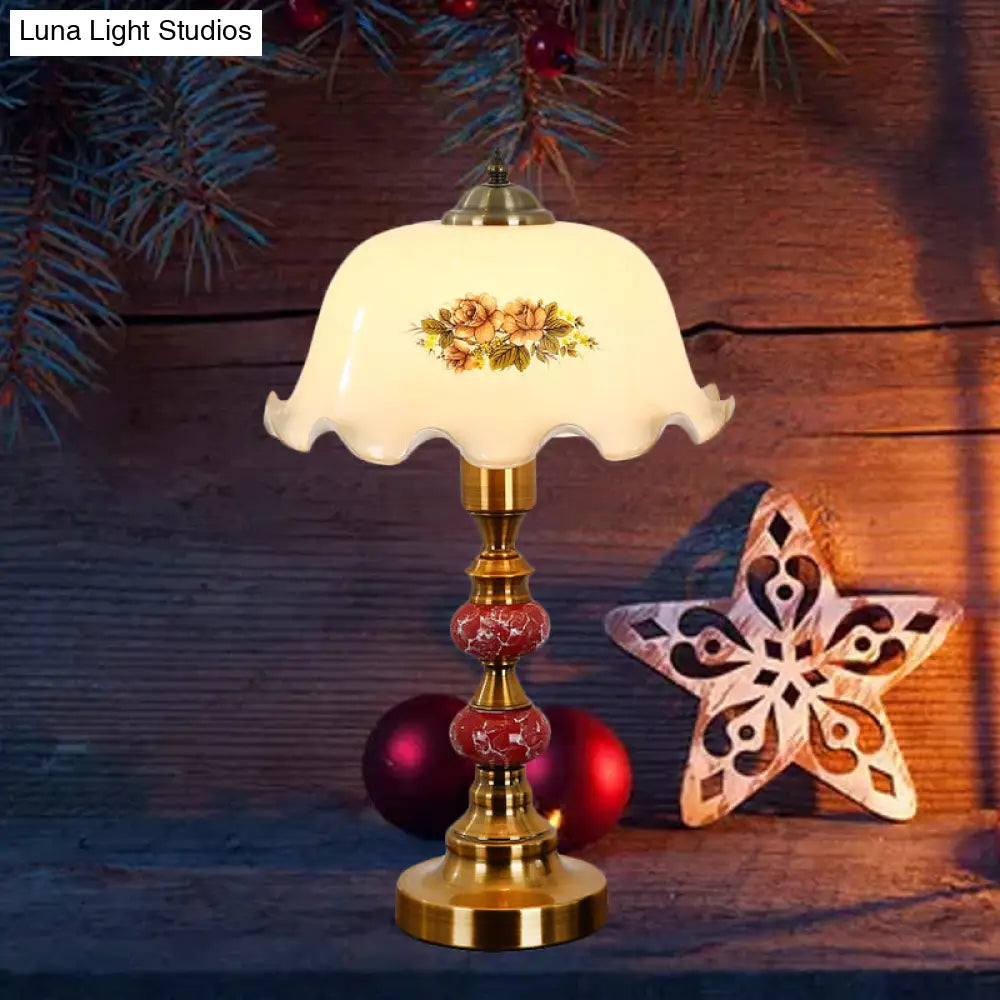 Scalloped Glass Countryside Table Lamp With White Printed Flower Design Brushed Brass Base