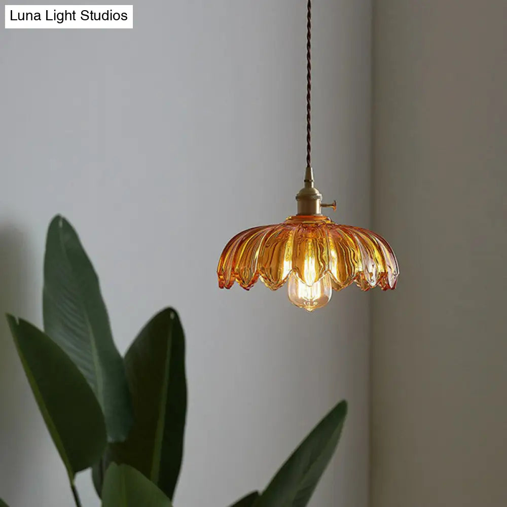 Scalloped Glass Flower Ceiling Light Industrial Single Dining Room Hanging Pendant