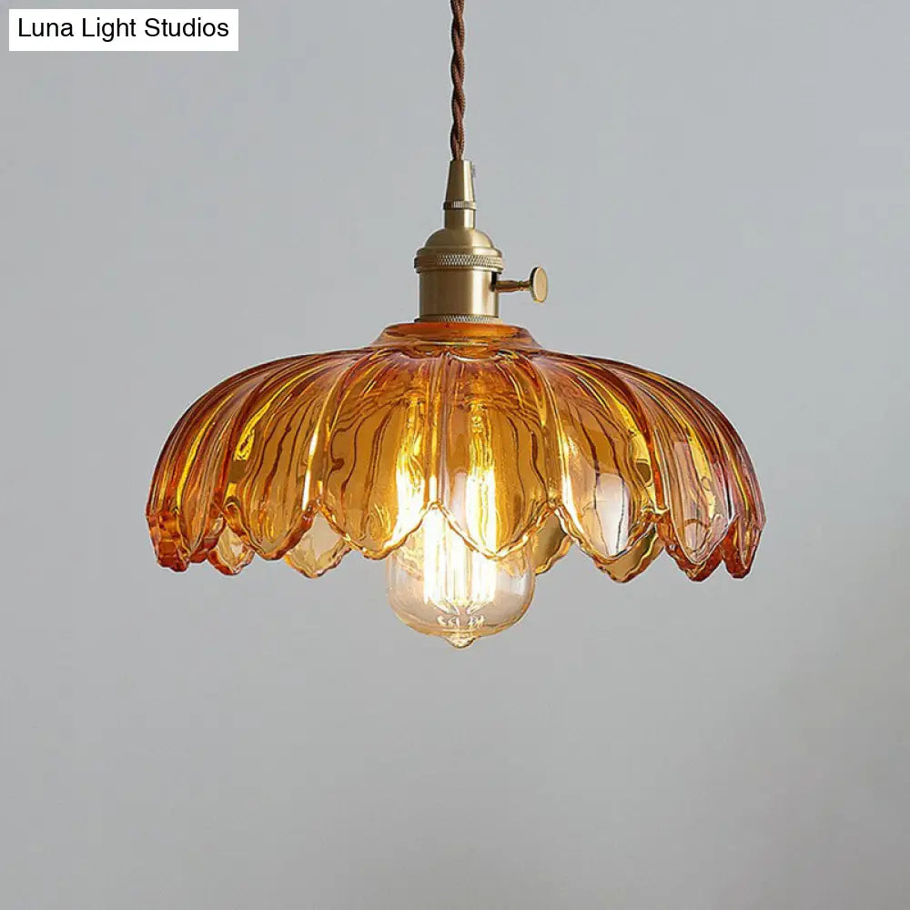 Scalloped Glass Flower Ceiling Light Industrial Single Dining Room Hanging Pendant