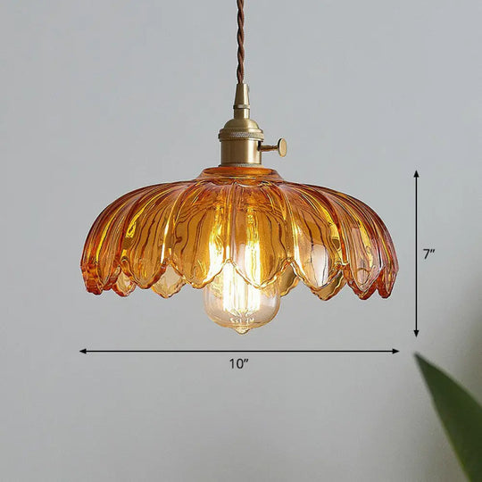 Scalloped Glass Flower Ceiling Light Industrial Single Dining Room Hanging Pendant Tan