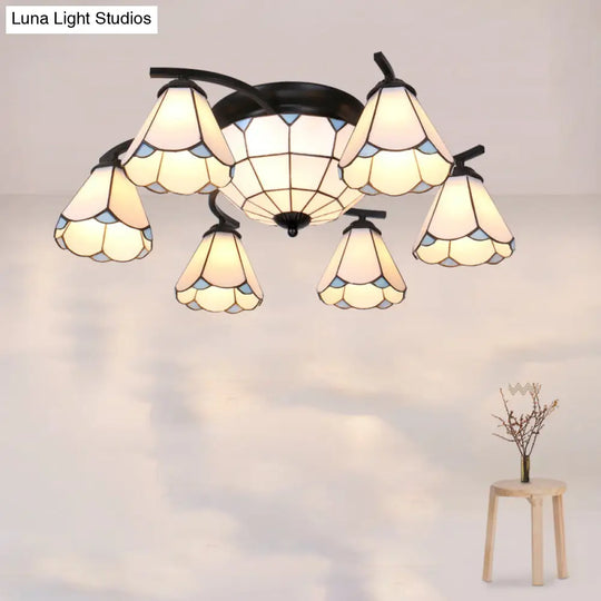 Mediterranean Glass Semi Flush Mount Light With Scalloped Edge Close To Ceiling Fixture 9 / Black