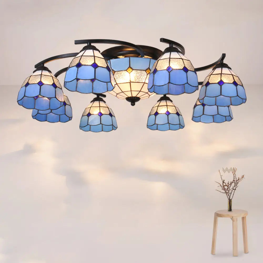 Scalloped Glass Semi Flush Mount Ceiling Light With Mediterranean Style 11 / Black Blue