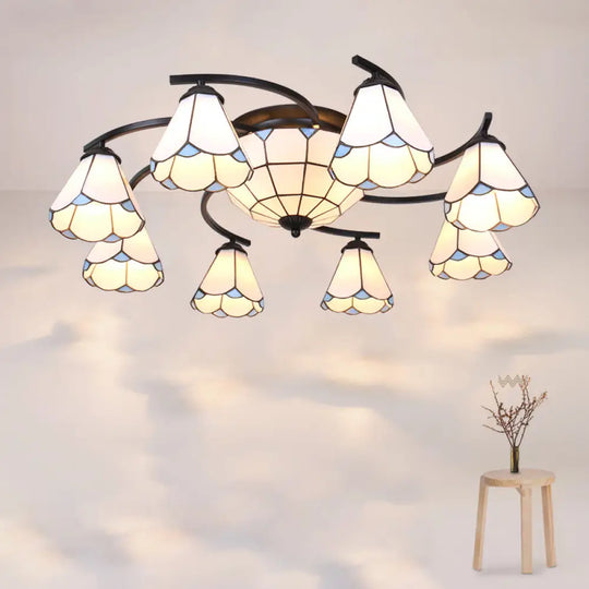 Scalloped Glass Semi Flush Mount Ceiling Light With Mediterranean Style 11 / Black White