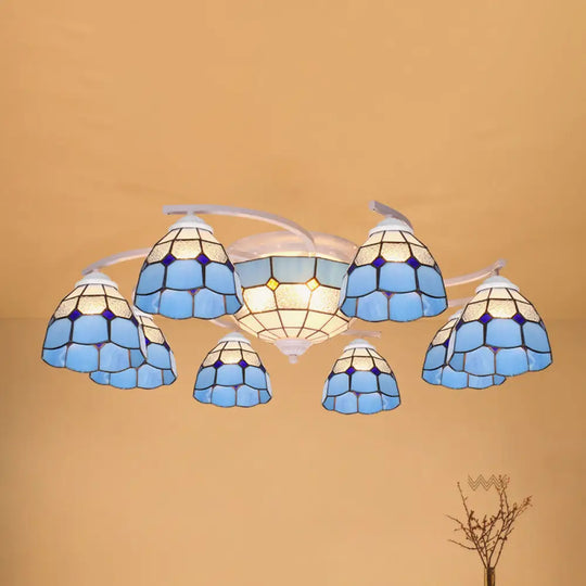 Scalloped Glass Semi Flush Mount Ceiling Light With Mediterranean Style 11 / White Blue