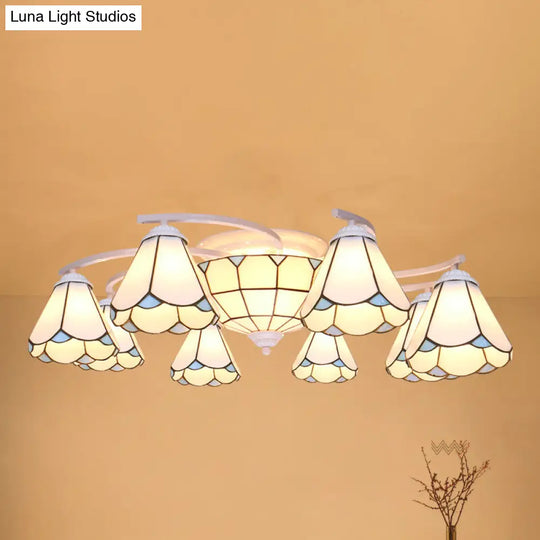 Mediterranean Glass Semi Flush Mount Light With Scalloped Edge Close To Ceiling Fixture 11 / White