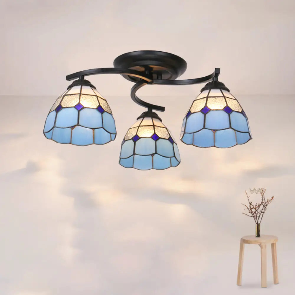 Scalloped Glass Semi Flush Mount Ceiling Light With Mediterranean Style 3 / Black Blue