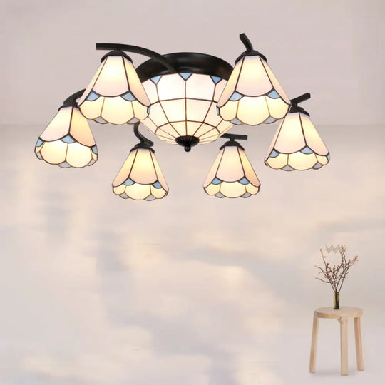 Scalloped Glass Semi Flush Mount Ceiling Light With Mediterranean Style 9 / Black White