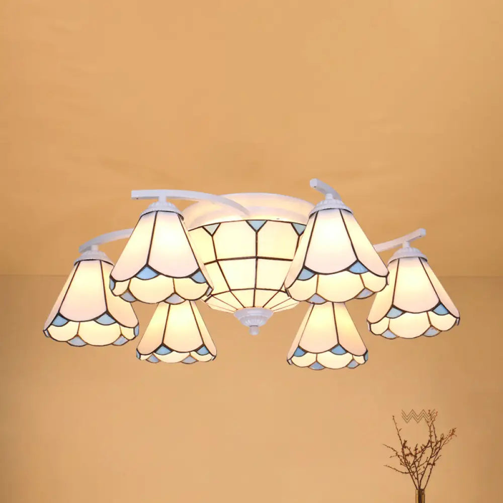 Scalloped Glass Semi Flush Mount Ceiling Light With Mediterranean Style 9 / White