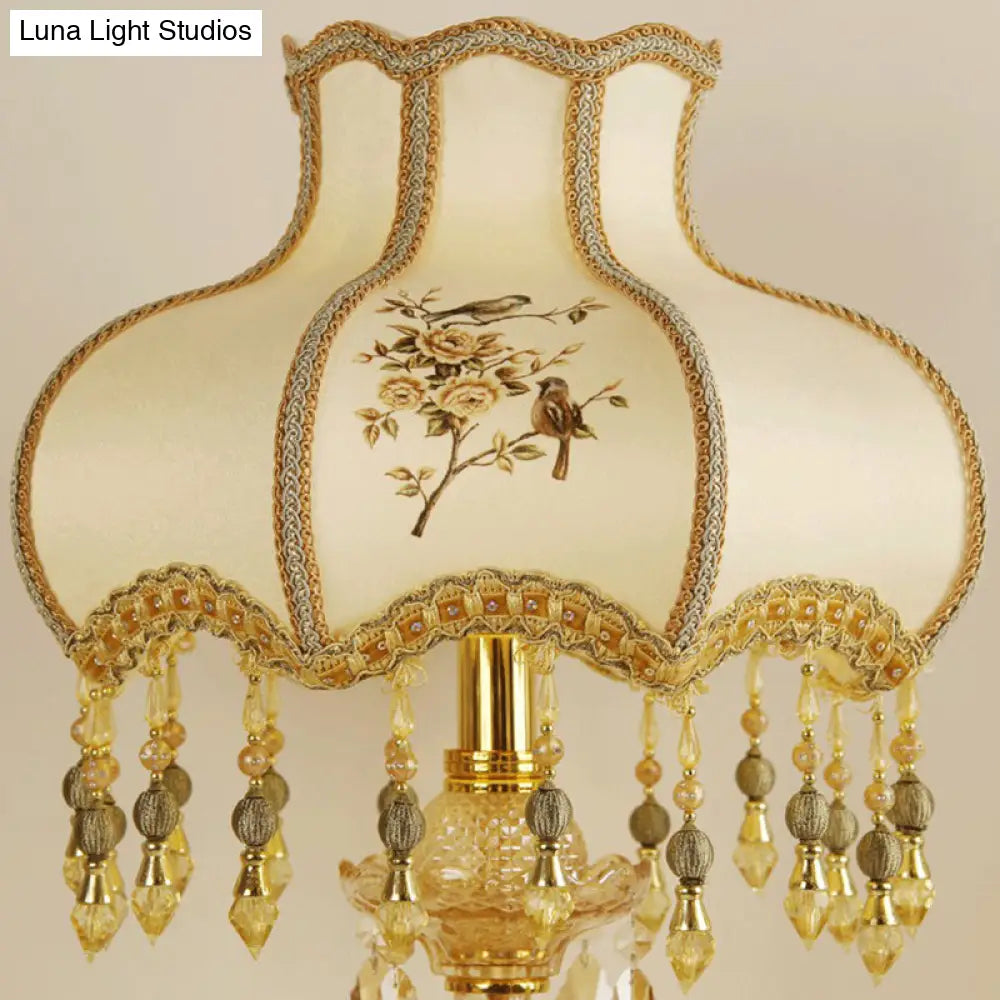 Scalloped Gold Table Light With Crystal Drops - Traditional 1-Head Night Lamp