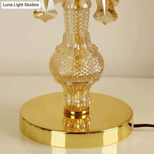 Scalloped Gold Table Light With Crystal Drops - Traditional 1-Head Night Lamp