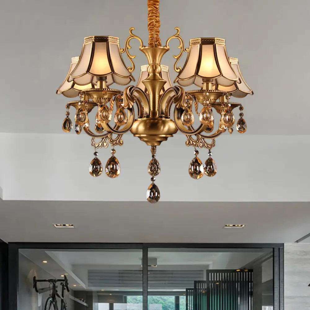 Scalloped Hanging Chandelier With Frosted Glass Down Lighting Pendant Colonial Style. Available In