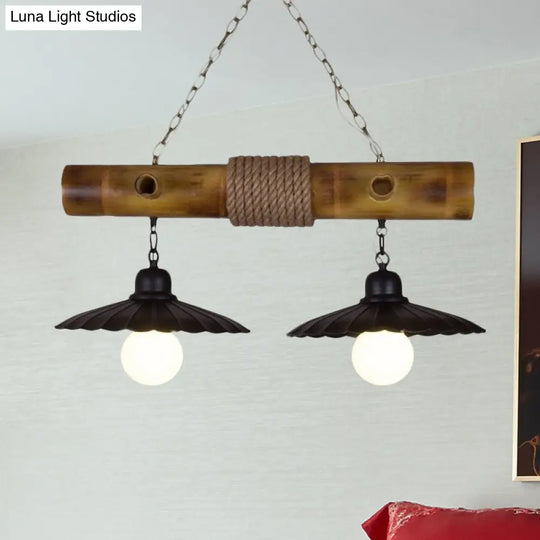 Scalloped Hanging Lamp: 2 Heads Countryside Black Rope And Bamboo Island Lighting For Dining Room