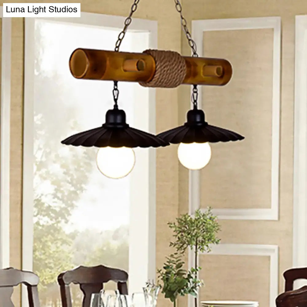 Scalloped Hanging Lamp: 2 Heads Countryside Black Rope And Bamboo Island Lighting For Dining Room