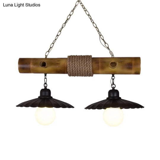 Scalloped Hanging Lamp: 2 Heads Countryside Black Rope And Bamboo Island Lighting For Dining Room