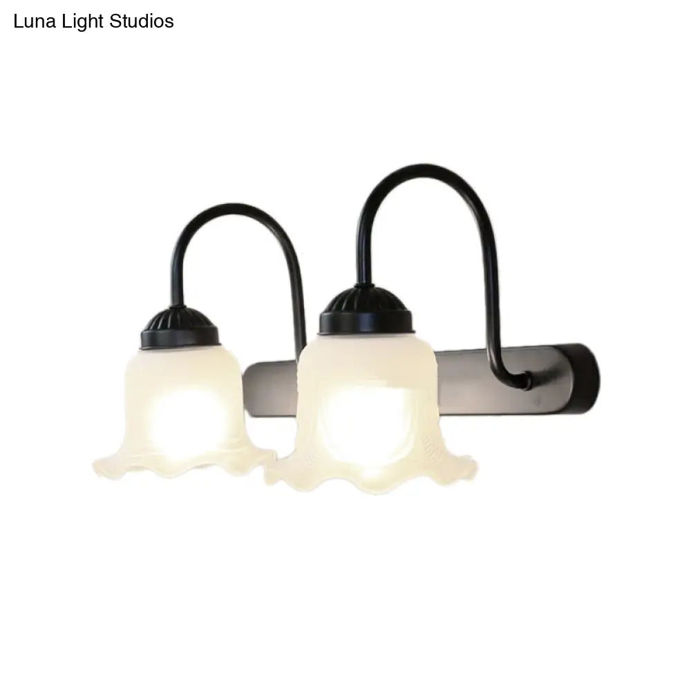 Scalloped Industrial Wall Sconce Light: White Glass & Black Finish 2-Light Fixture For Living Room