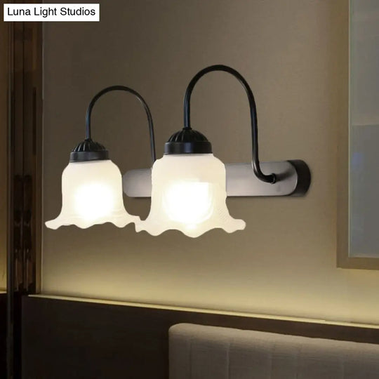 Scalloped Industrial Wall Sconce Light: White Glass & Black Finish 2-Light Fixture For Living Room