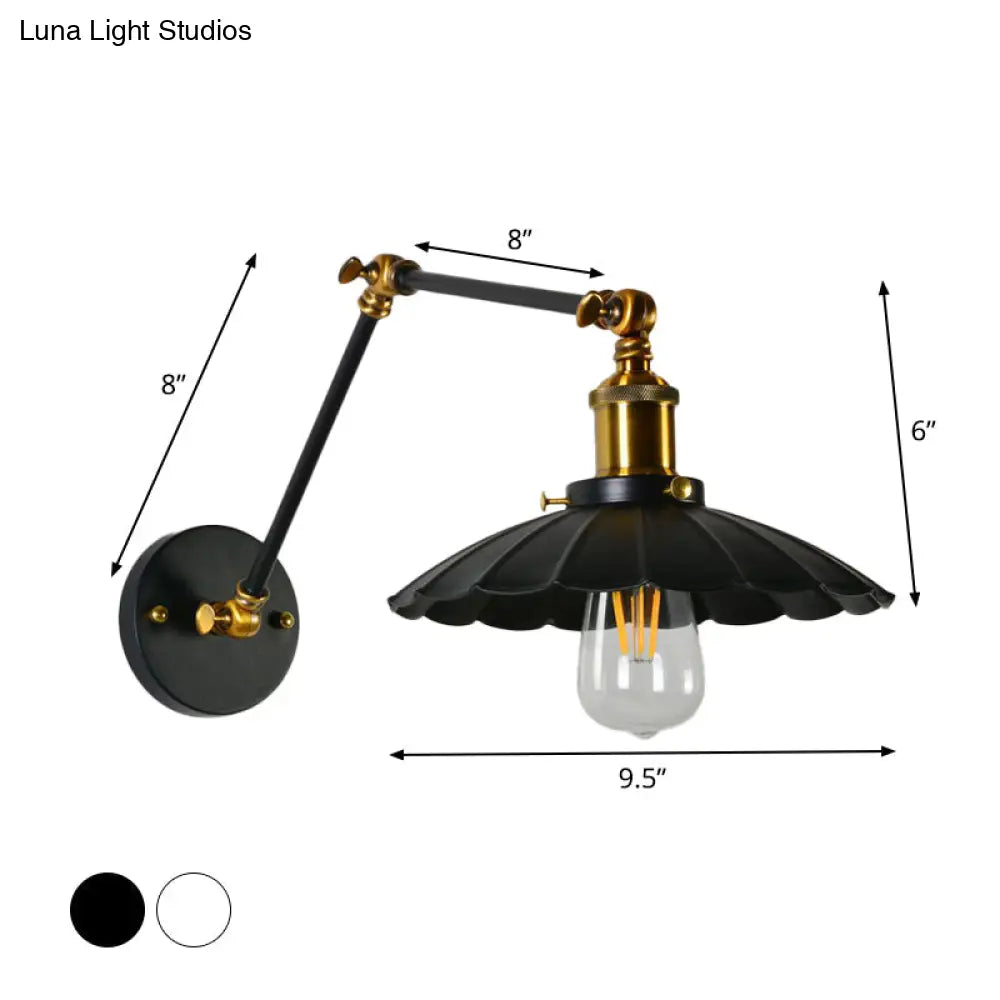 Scalloped Iron Wall Reading Lamp - Adjustable Arm Bedroom Light Black/White-Brass