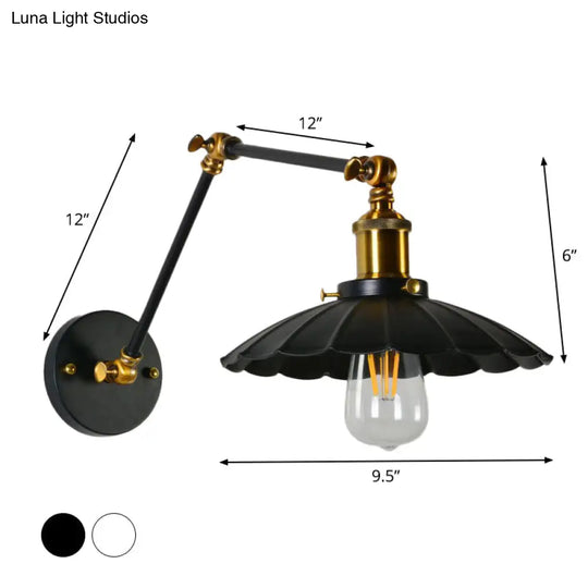 Scalloped Iron Wall Reading Lamp - Adjustable Arm Bedroom Light Black/White-Brass