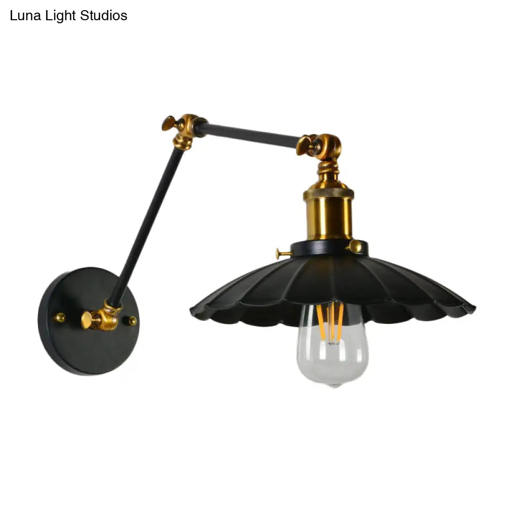 Scalloped Iron Wall Reading Lamp - Adjustable Arm Bedroom Light Black/White-Brass