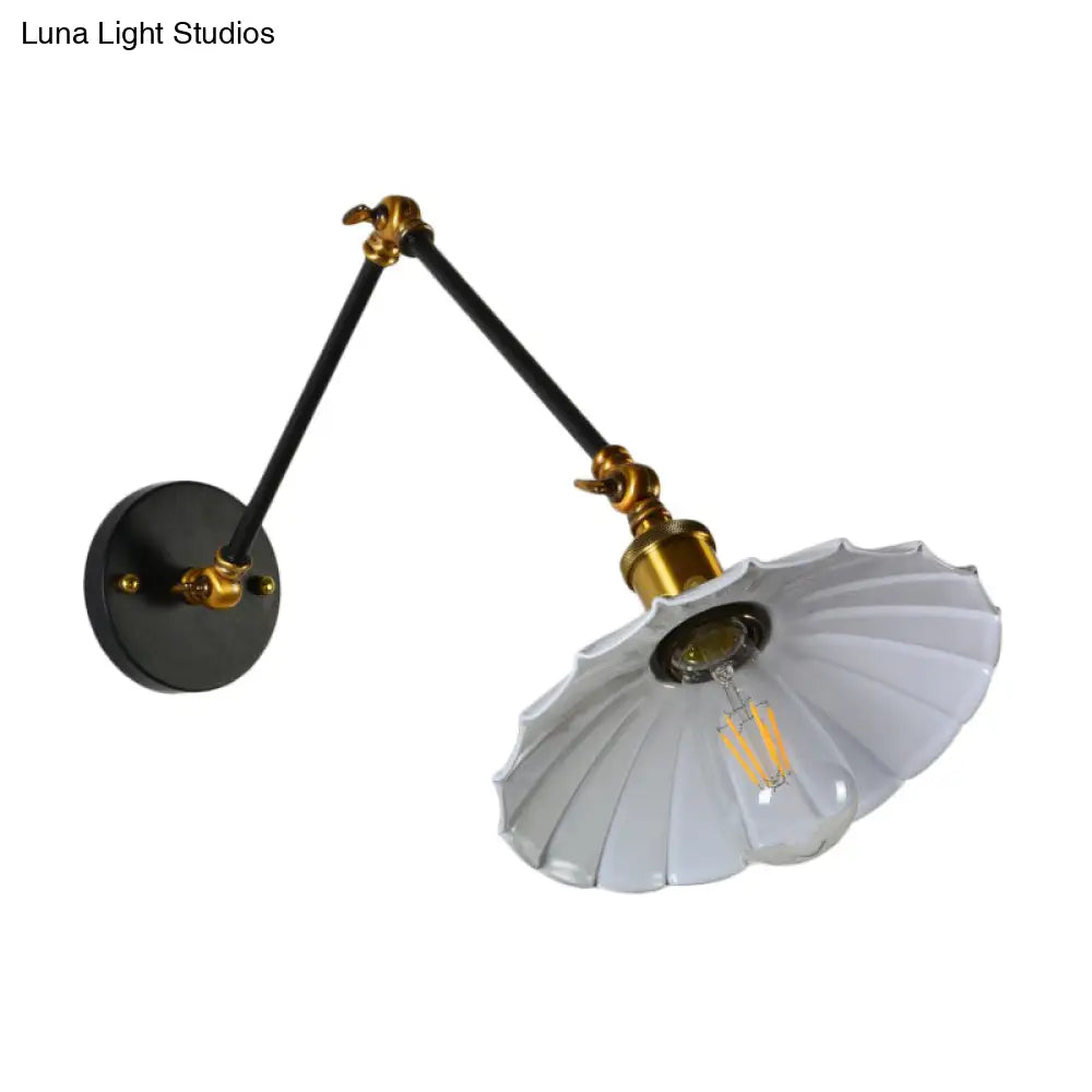 Scalloped Iron Wall Reading Lamp - Adjustable Arm Bedroom Light Black/White-Brass