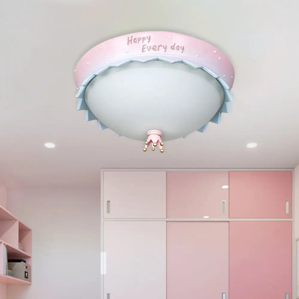 Scalloped Led Flush Mount Ceiling Light Pink Dome Cartoon Resin Design With Frosted Glass Shade