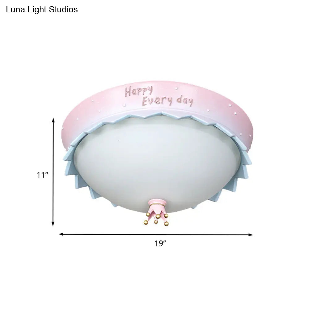 Scalloped Led Flush Mount Ceiling Light Pink Dome Cartoon Resin Design With Frosted Glass Shade