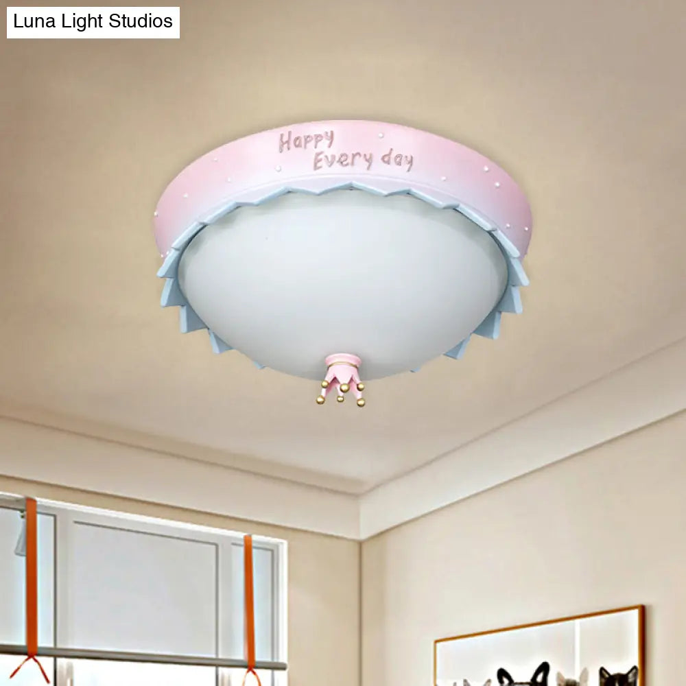 Scalloped Led Flush Mount Ceiling Light Pink Dome Cartoon Resin Design With Frosted Glass Shade