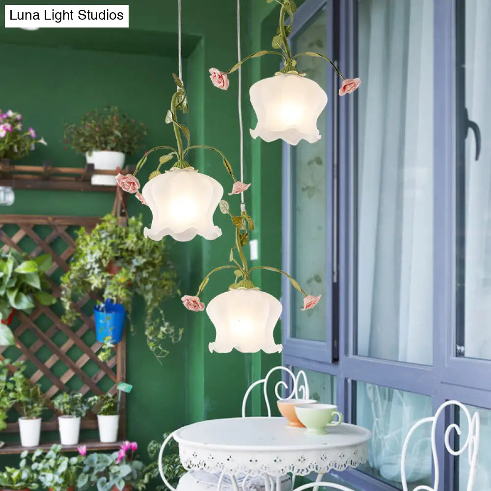 Scalloped Milk Glass Pendant Light Fixture - Pastoral Green 3 Bulb Suspension For Restaurants